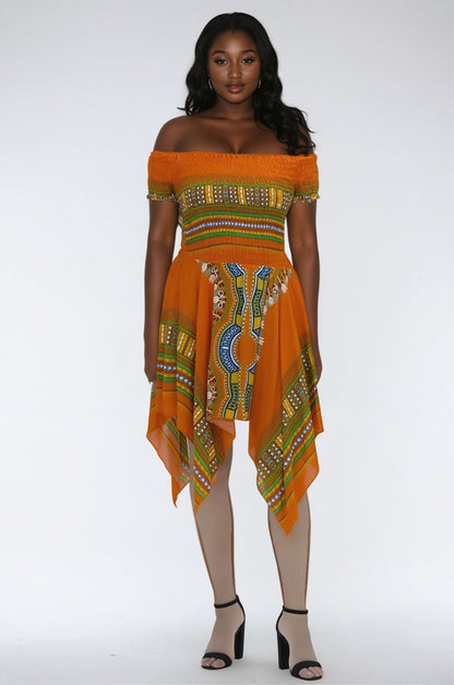 orange dashiki dress 0000 - Orange Dashiki Print Dress Skirt