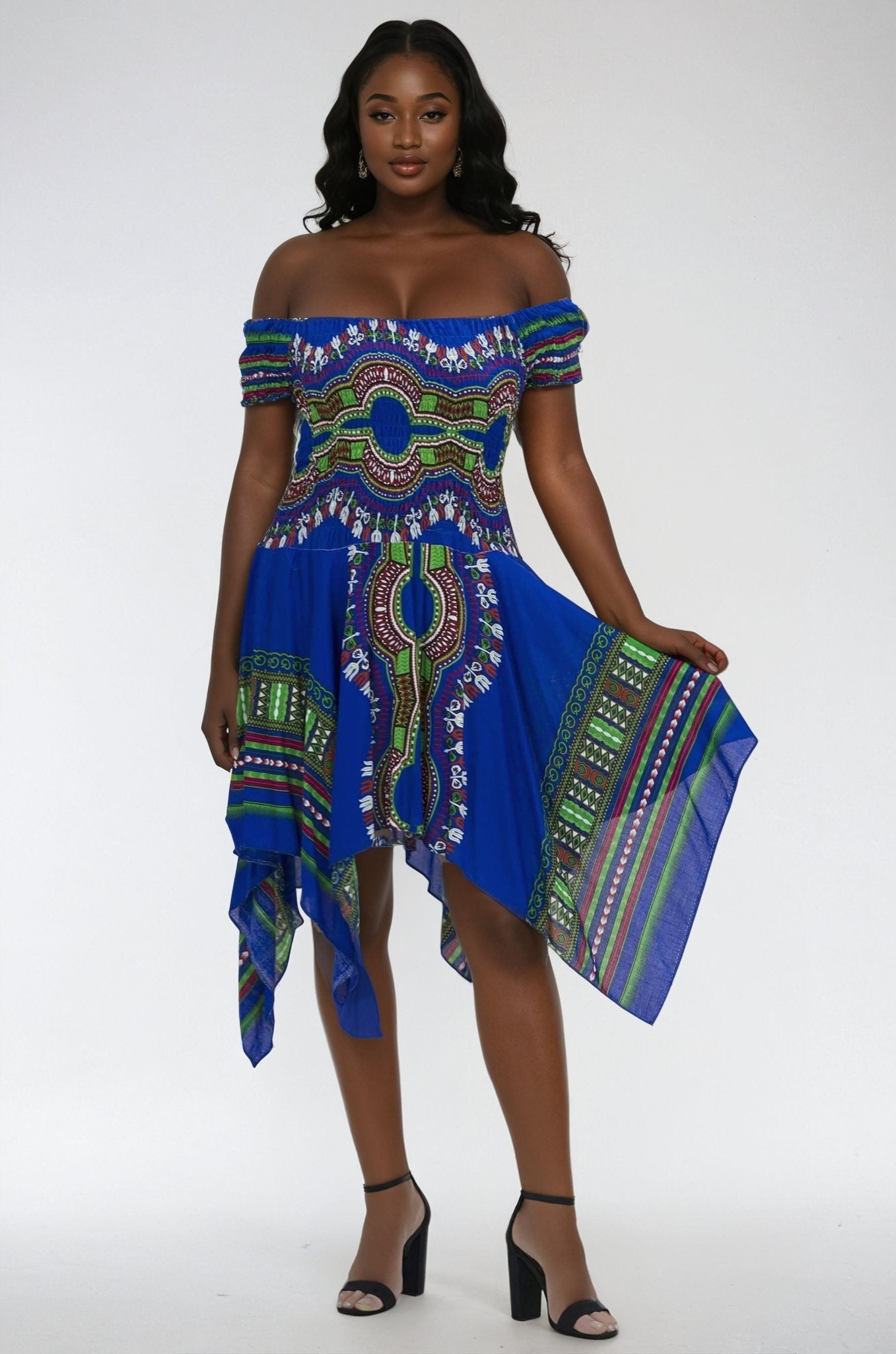off the shoulder dashiki dress Women African Dashiki Off Shoulder Short Dress with Belt Set D