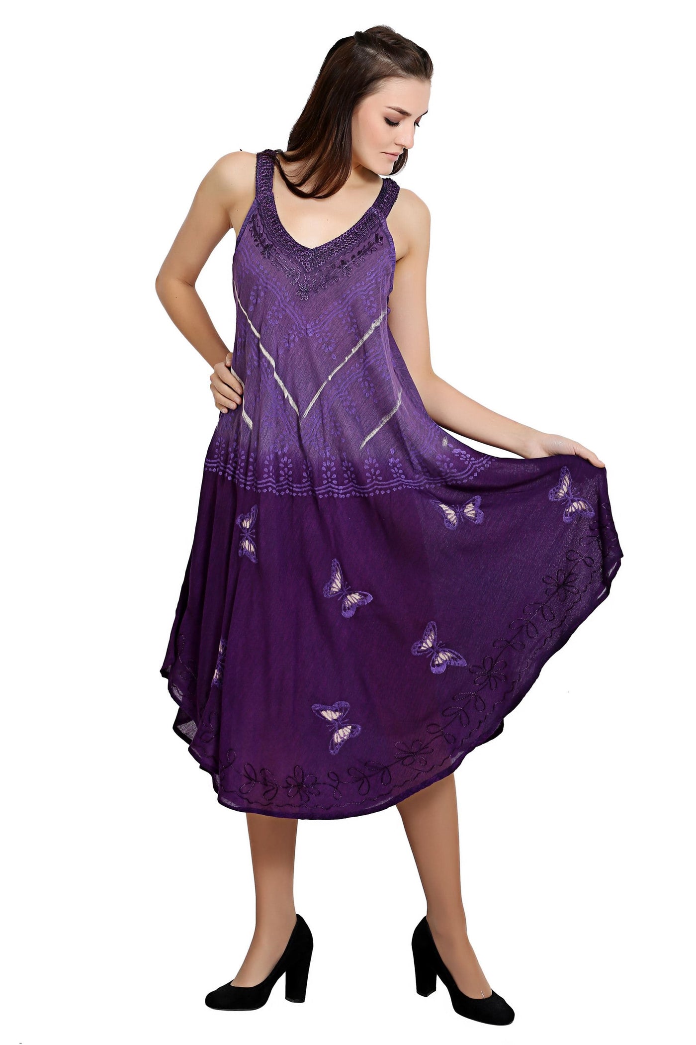 Butterfly Block Print V-Neck Sleeveless Tie Dye Umbrella Dress