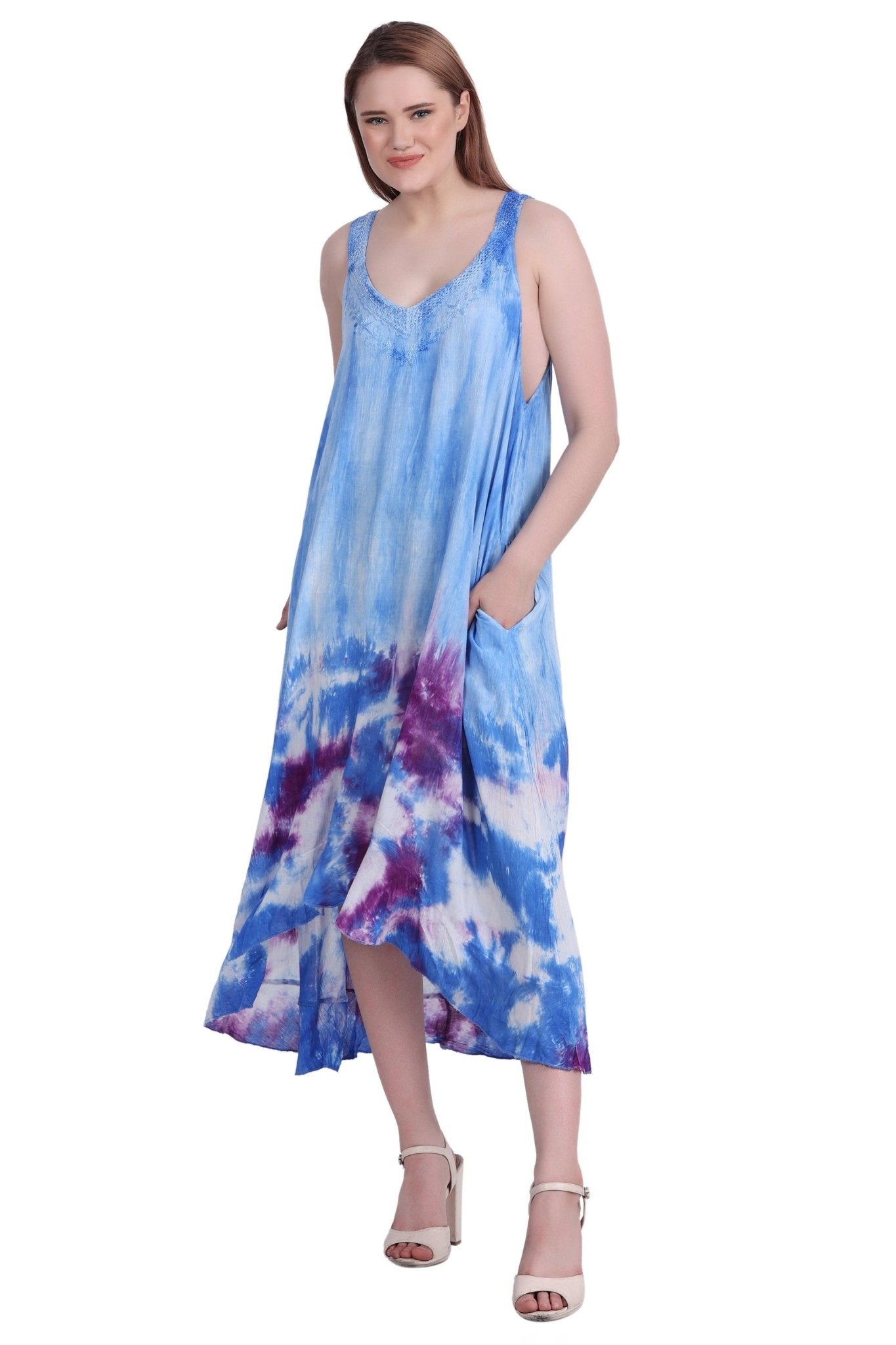 V-Neck Tie Dye Beach Dress w/ Pockets 482195CCT - Advance Apparels Inc