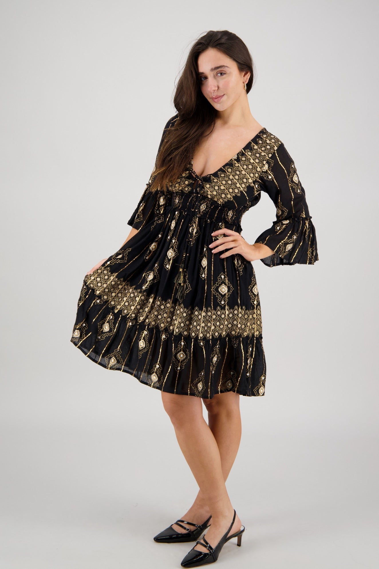 Boho Summer Dress with Sleeves – 3/4 Sleeve Lurex Rayon Dress C3 / L/XL
