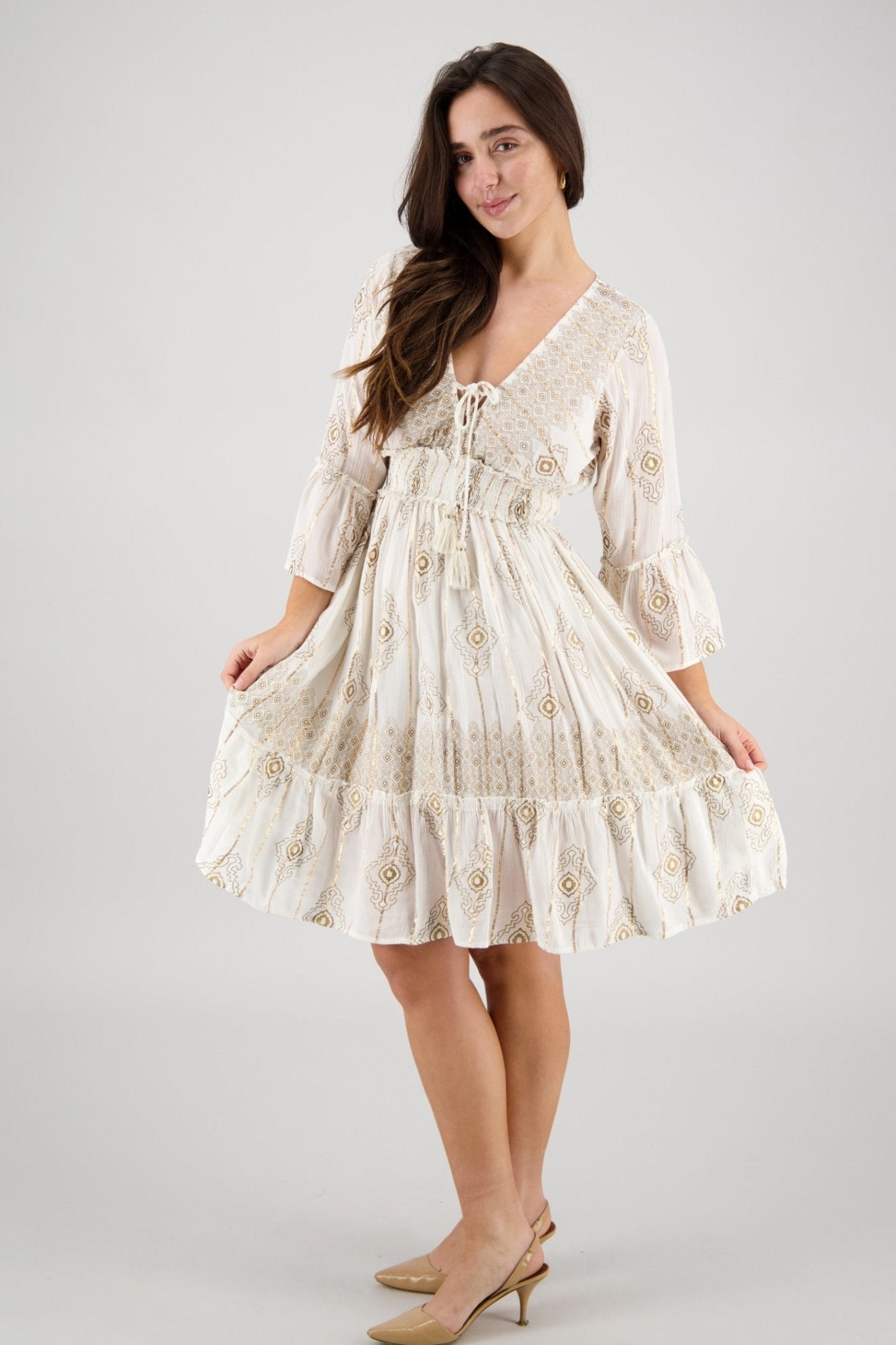 Boho Summer Dress with Sleeves 3/4 Sleeve Lurex Rayon Dress C3 / L/XL Boho Summer Dress with Sleeves 3/4 Sleeve Lurex Rayon Dress C3 / L/XL