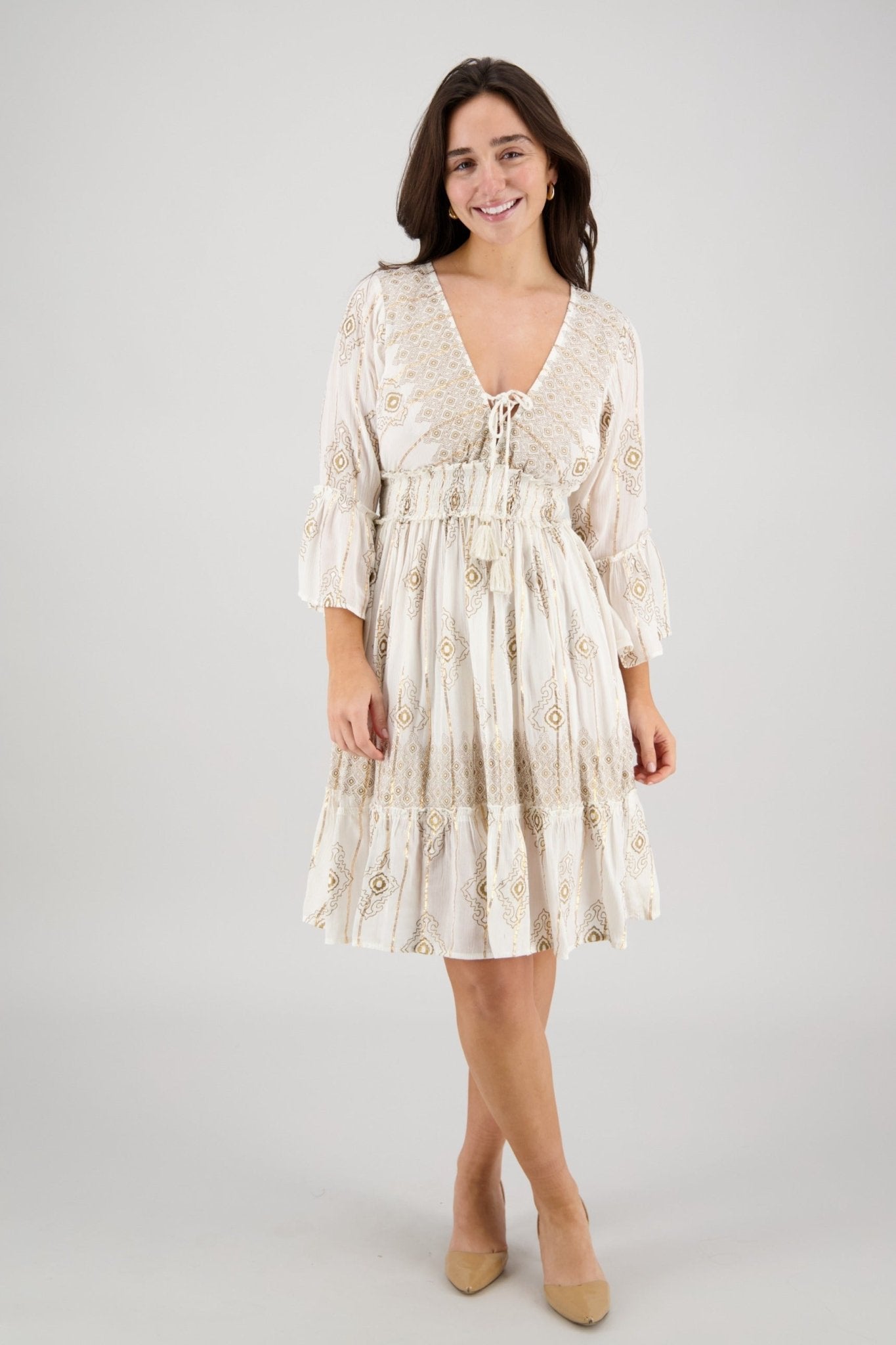 Boho Summer Dress with Sleeves – 3/4 Sleeve Lurex Rayon Dress C3 / L/XL Boho Summer Dress with Sleeves – 3/4 Sleeve Lurex Rayon Dress C3 / L/XL