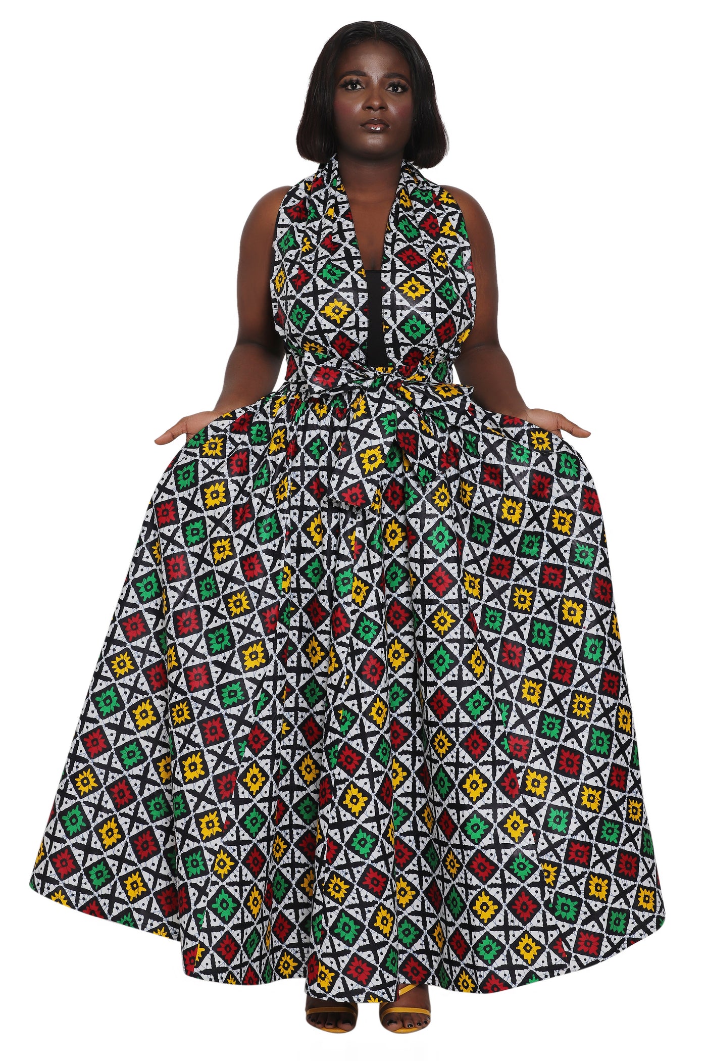 African Print Wax Print Skirt One Size Fits Most Headwrap Included Elastic Waist Pockets 16317-209 - Advance Apparels Inc