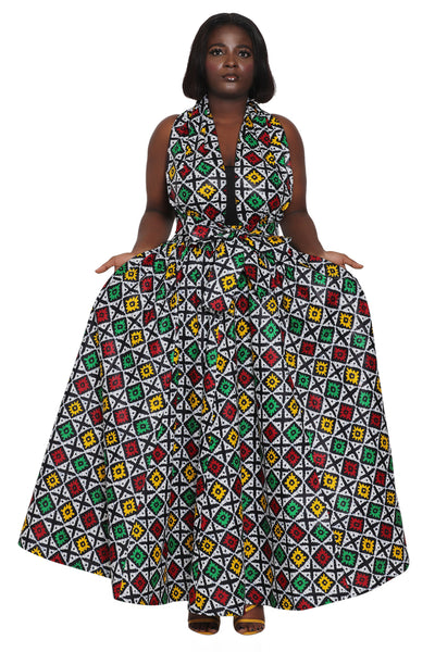 African Print Wax Print Skirt One Size Fits Most Headwrap Included Elastic Waist Pockets 16317-209 - Advance Apparels Inc