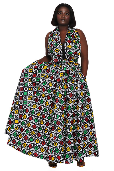 African Print Wax Print Skirt One Size Fits Most Headwrap Included Elastic Waist Pockets 16317-209 - Advance Apparels Inc