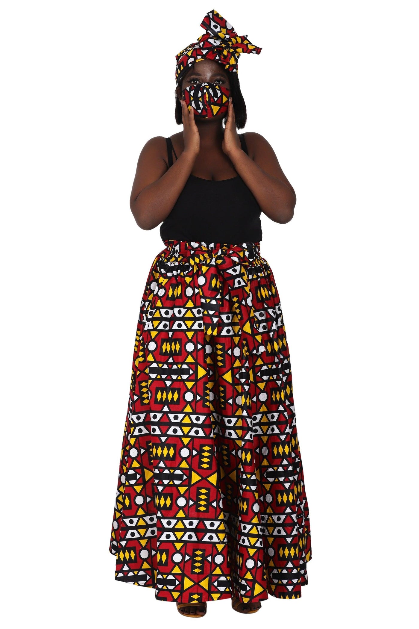 African Print Wax Print Skirt One Size Fits Most Headwrap Included Elastic Waist Pockets 16317  - Advance Apparels Inc