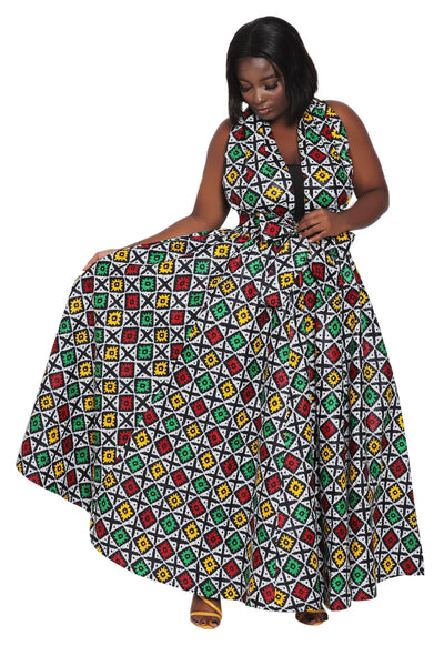 African Print Wax Print Skirt One Size Fits Most Headwrap Included Elastic Waist Pockets 16317-209 - Advance Apparels Inc