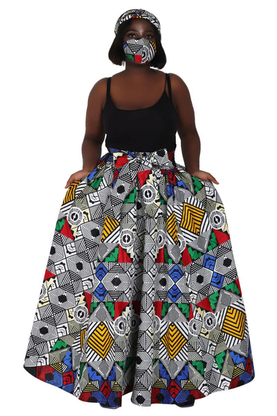 African Print Wax Print Skirt One Size Fits Most Headwrap Included Elastic Waist Pockets 16317  - Advance Apparels Inc