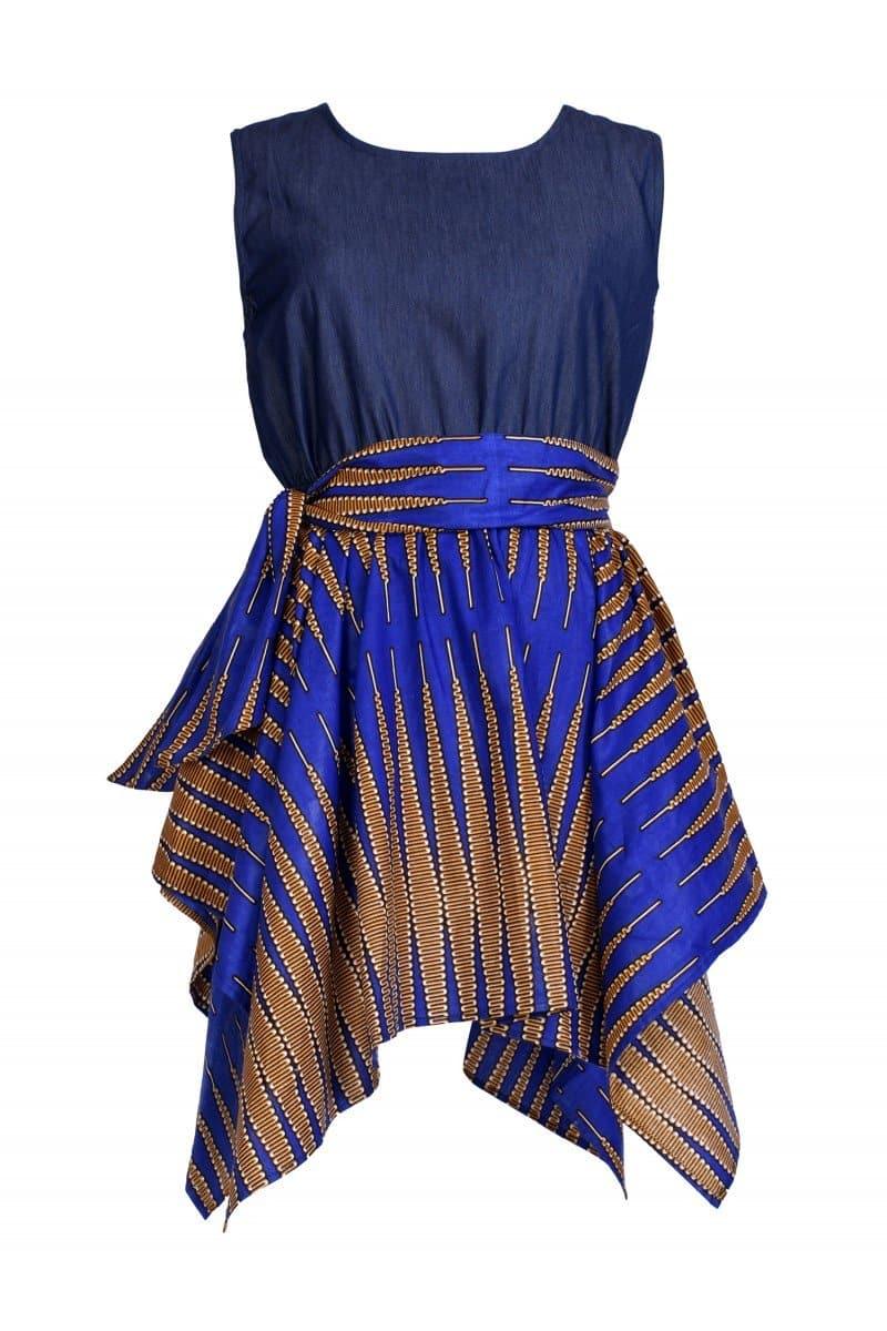 Denim/Ankara Print Sleeveless Fairytale Dress2196 - Advance Apparels Inc