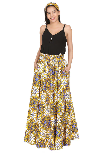 Gold African Print Wax Print Skirt One Size Fits Most Headwrap Included Elastic Waist Pockets 16317-617  - Advance Apparels Inc