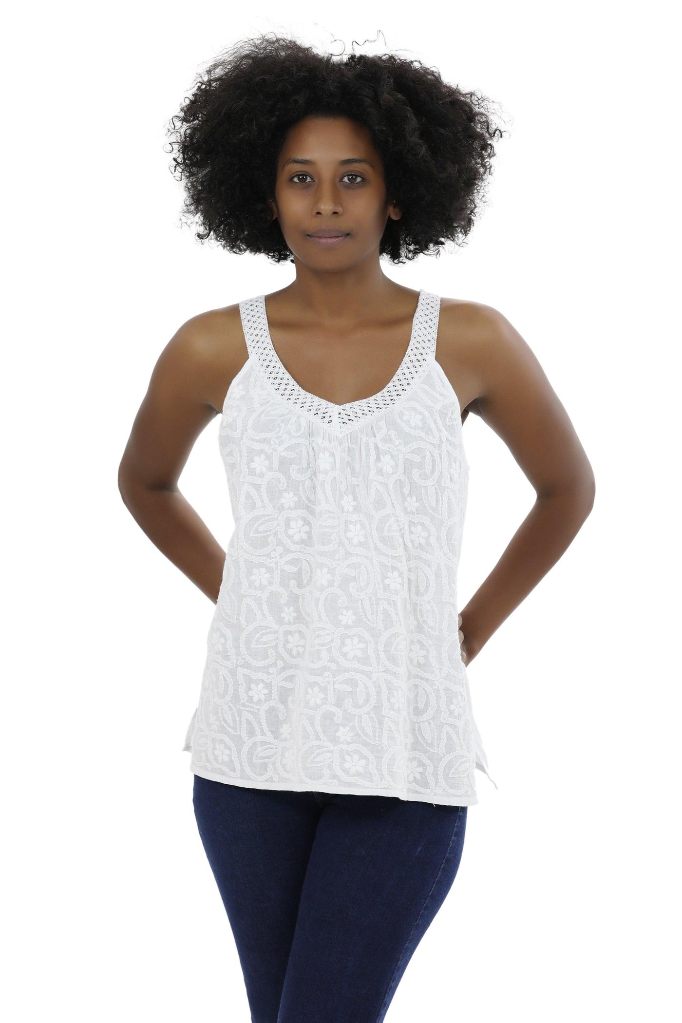 Hand Embroidered White V-Neck Blouse WD-21114  - Advance Apparels Inc