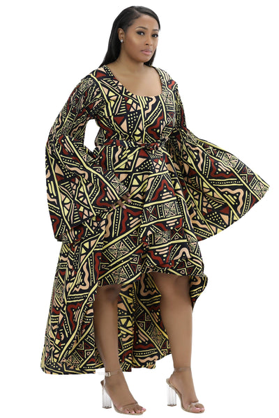 Hi-Lo Bell Sleeves African Print Dress 2215  - Advance Apparels Inc