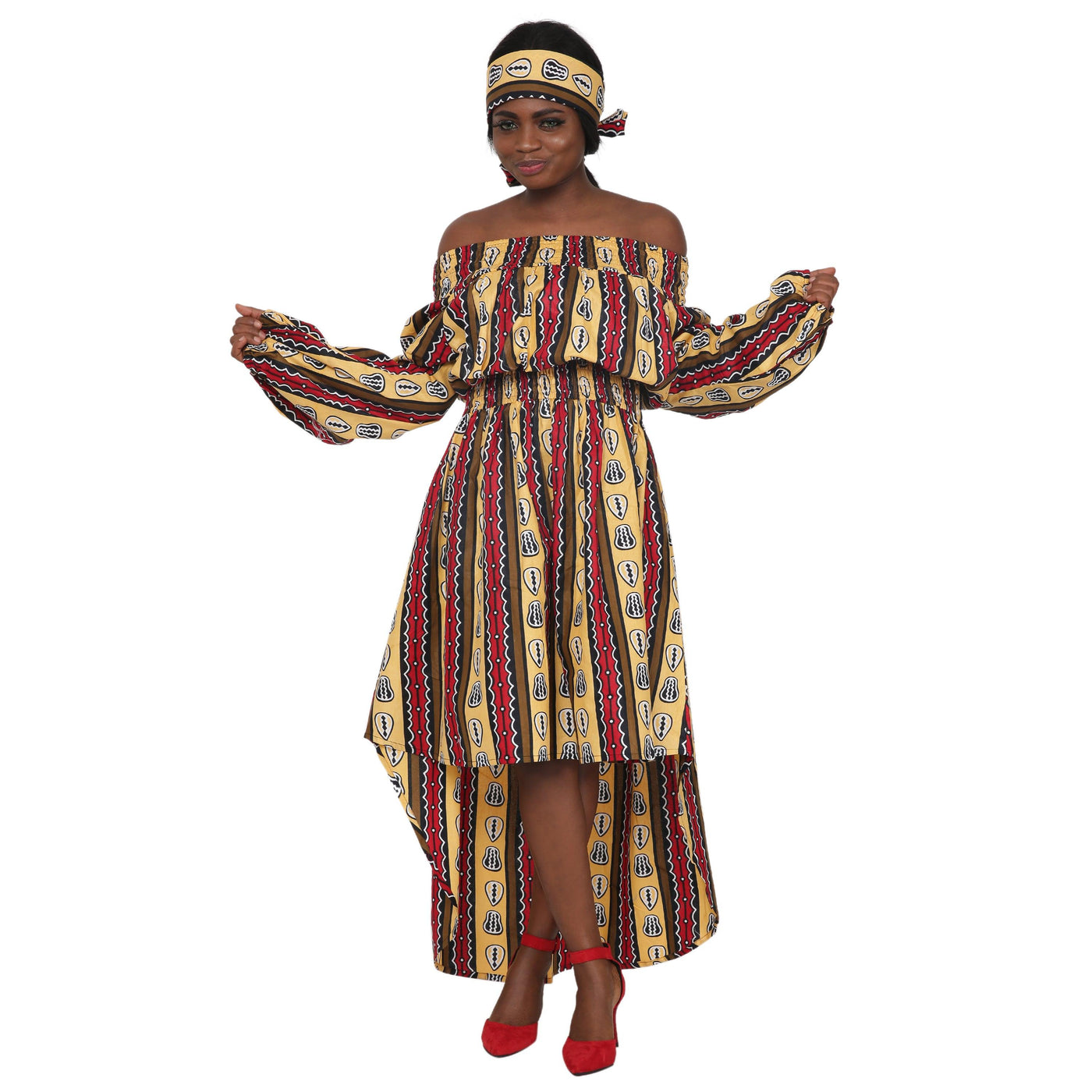 Off Shoulder Hi Lo African Print Long Sleeves Dress 2279-90  - Advance Apparels Inc