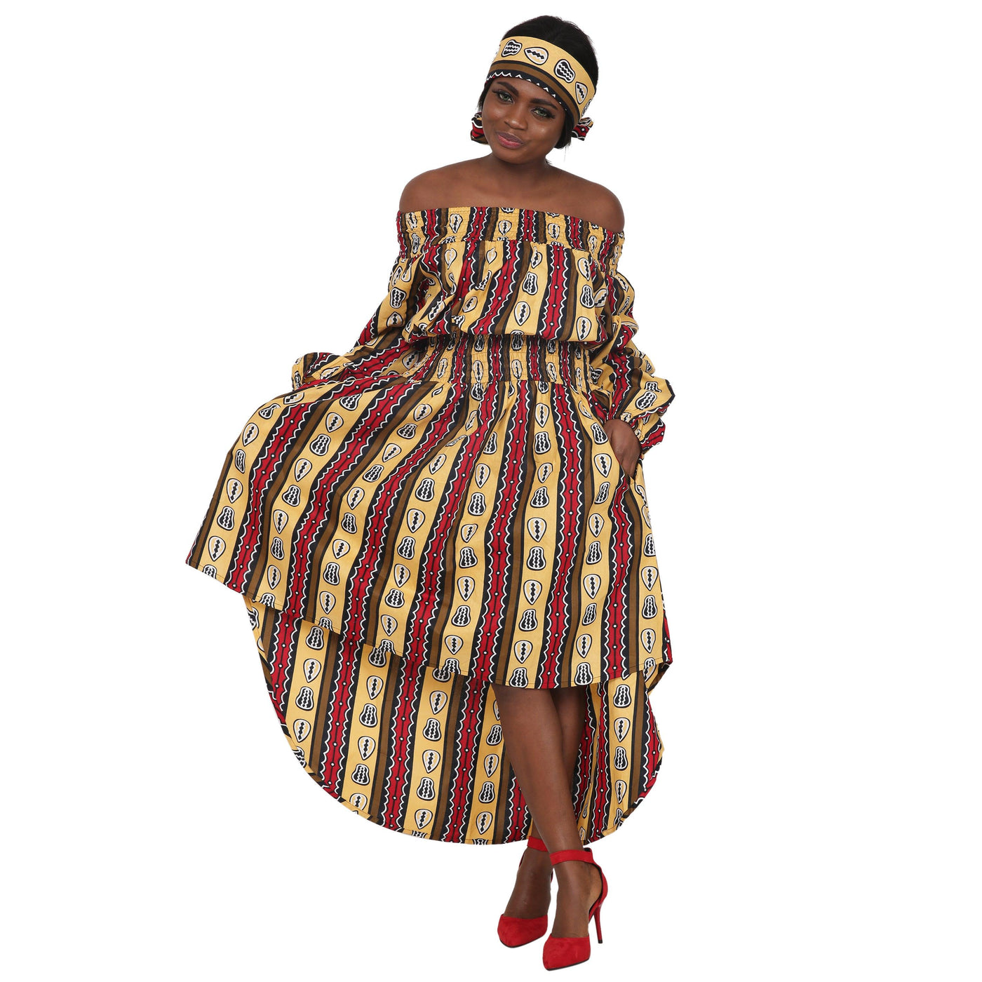Off Shoulder Hi Lo African Print Long Sleeves Dress 2279-90  - Advance Apparels Inc
