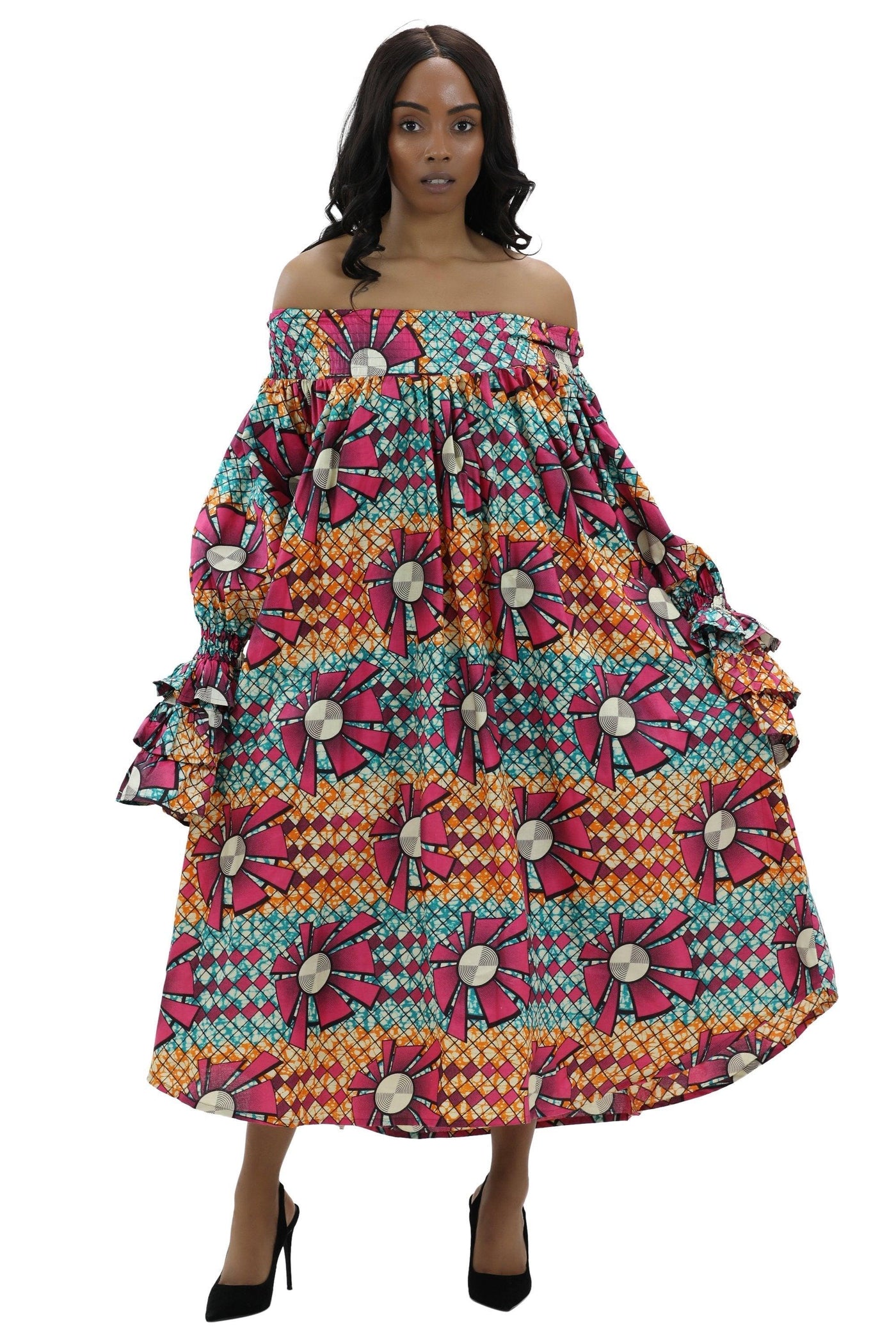 Off Shoulder Ruffle Sleeve African Print Dress 2243 - Advance Apparels Inc