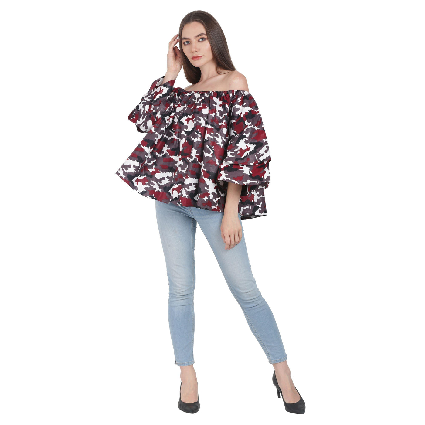 Red Camouflage Print On/Off Shoulder Blouse 166-99 - Advance Apparels Inc